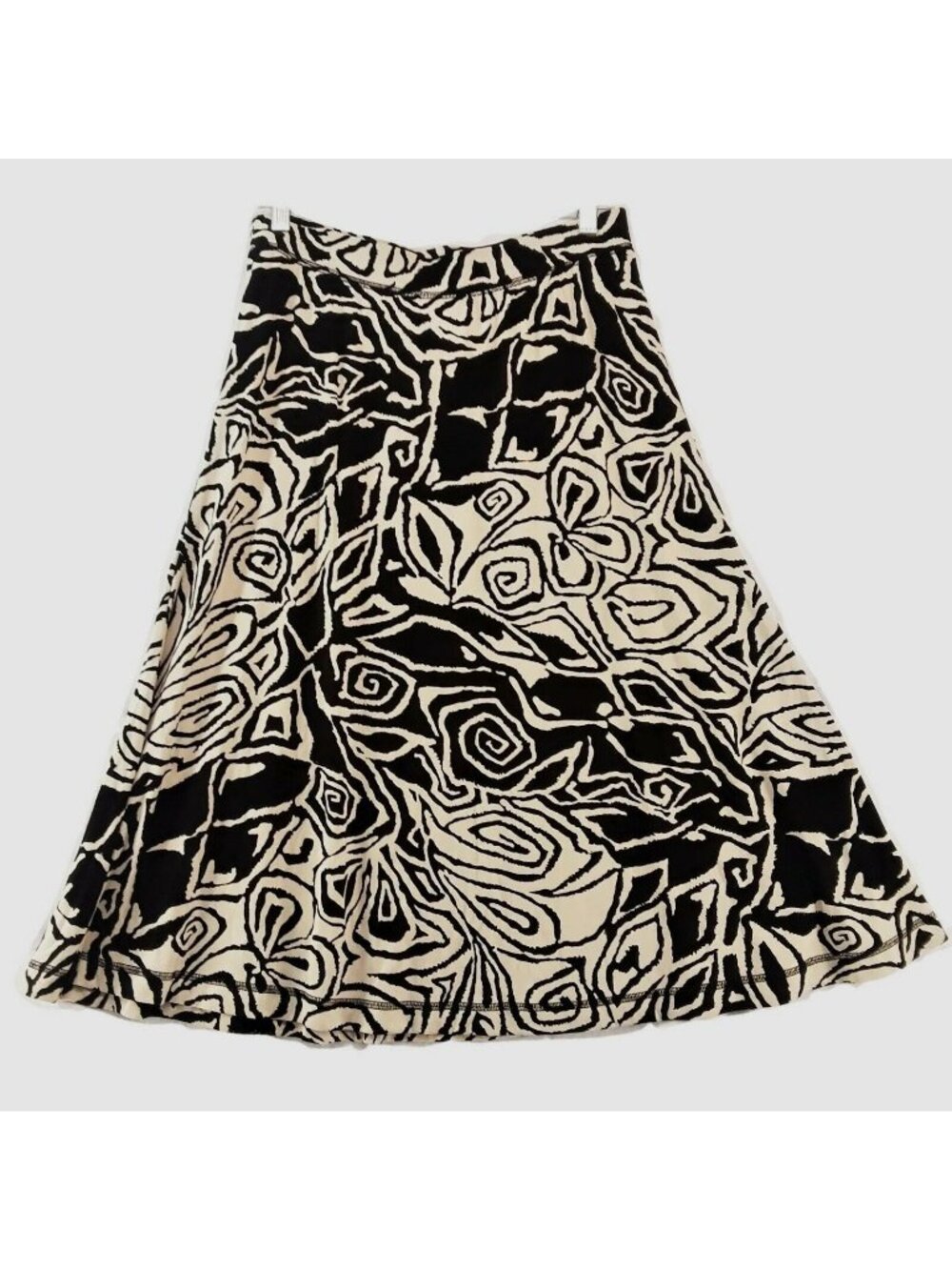 Chico's Traverlers Midi Skirt Size 2 Large Pull On Taupe Black Abstract Floral